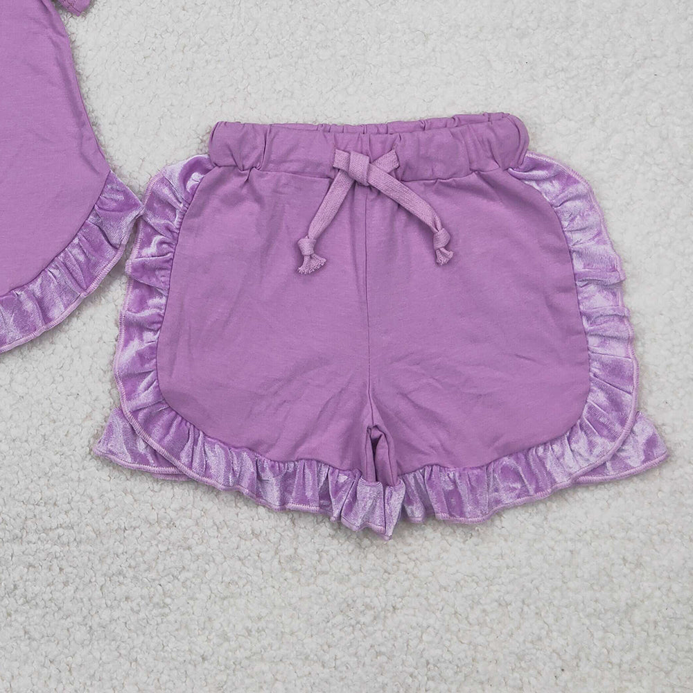 5.17  GSSO2184 RTS NO MOQ Baby Girls Summer Outfits Baby Girls Purple Short Sleeves Tunic Ruffle Short Set