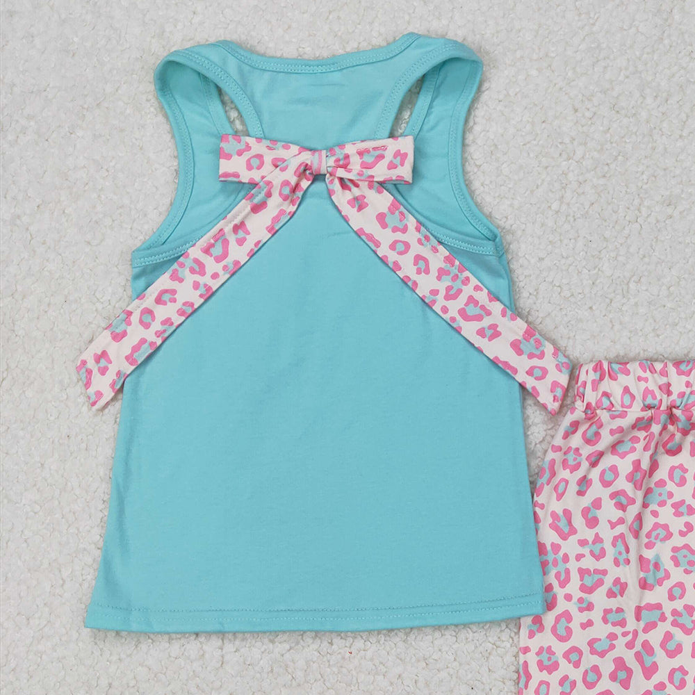 4.25 GSSO1784  RTS NO MOQ Leopard pocket sleeveless mint top ruffle shorts girls clothes