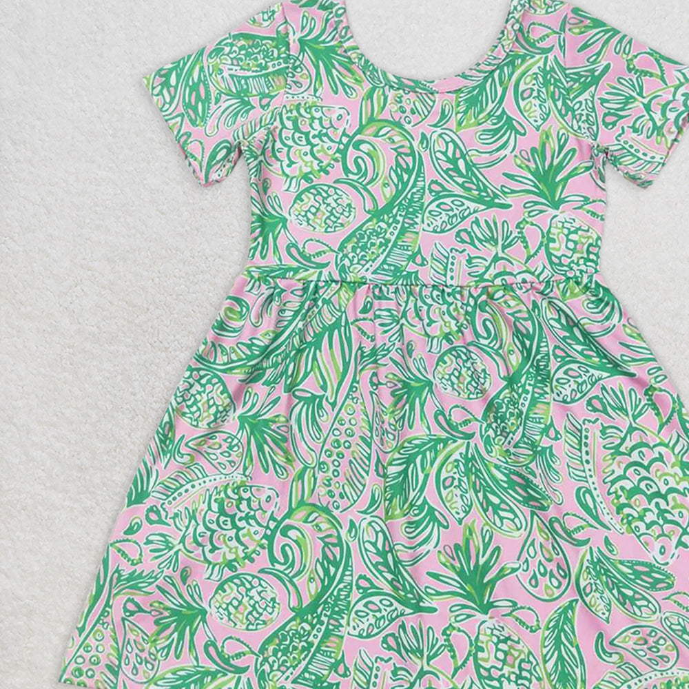 GSD1113  RTS NO MOQ Baby Girls Summer Dress Seaweed pattern pastel green short-sleeved dress