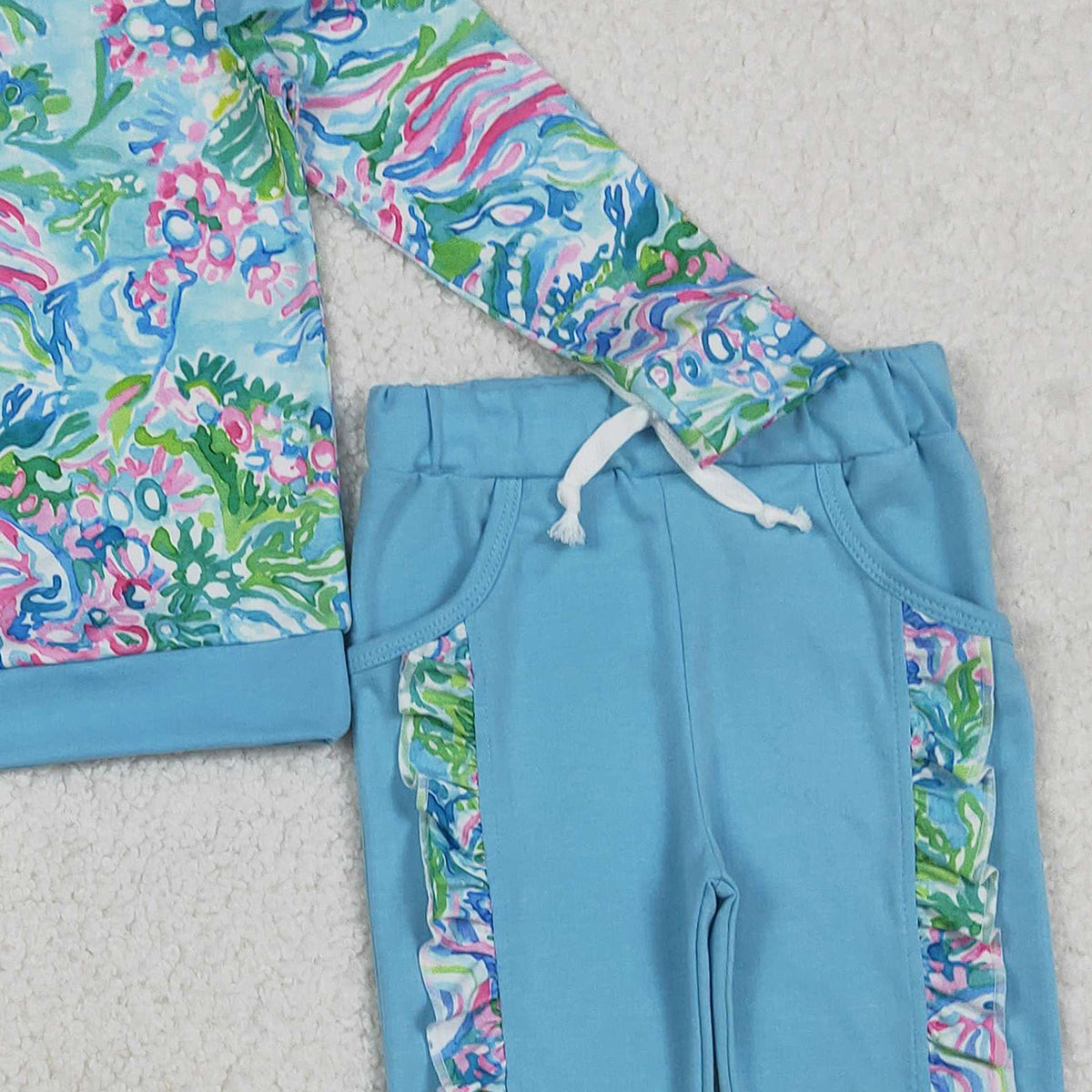 12.4 RTS NO MOQ （In stock）GLP2832 Baby Girls Blue Watercolor Floral Top Pockets Ruffle Jogger Pants Clothes Sets