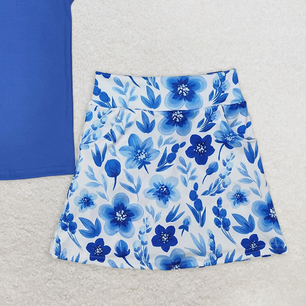 GSD1595RTS NO MOQ Children Clothes Girls Yoga Outfits Baby Girls Blue Vest Flowers Pocket Skirt Skort Active Wear Clothes Sets