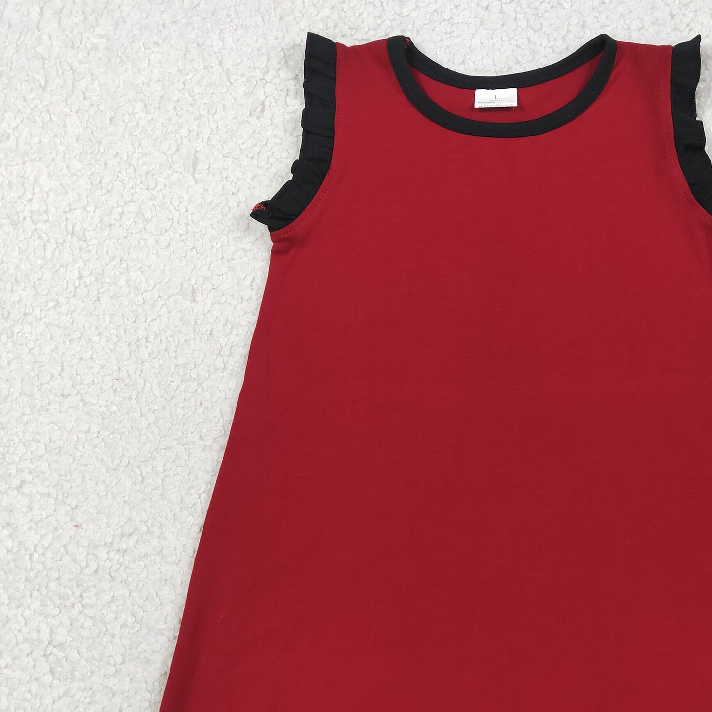 GSD4058 RTS NO MOQ （In stock）Black scallop ruffle sleeveless maroon girls cotton team dress