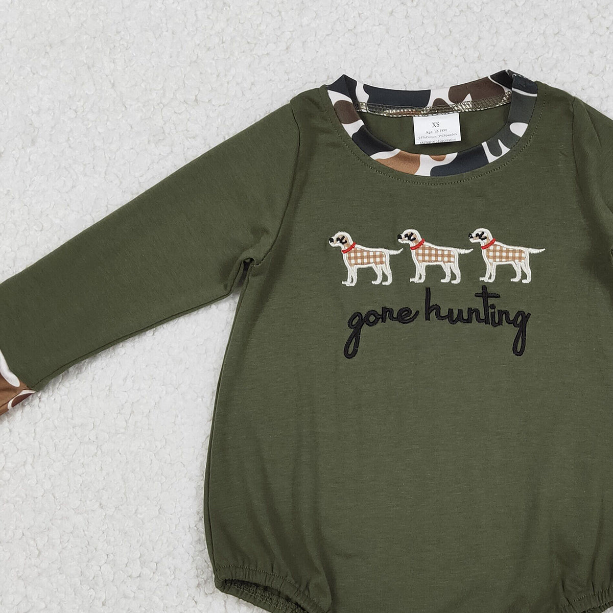 12.16 RTS NO MOQ （In stock）LR2836 Baby Girls Winter Rompers Embroidery Gone Hunting Dogs Baby Boys Olive Rompers