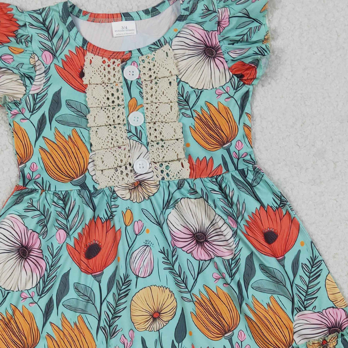 4.11 GSD4093 RTS NO MOQ （In stock ）Baby Girls Flutter Sleeve Colorful Flowers Button Ruffle Knee Length Dresses