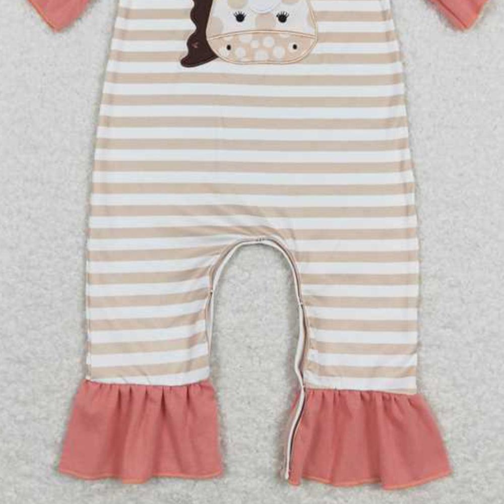 4.18 SR0674 RTS NO MOQ Ruffle khaki stripe cows baby girls summer romper