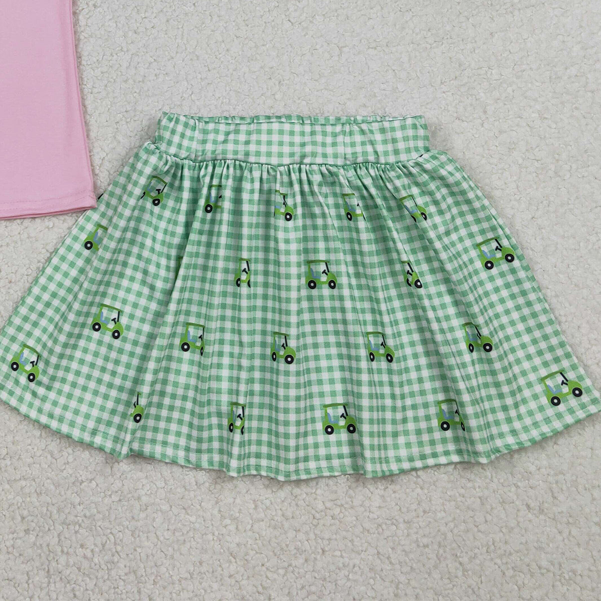 1.16 RTS NO MOQ （In stock）GSD3120 Embroidery Golf Trucks Baby Girls Button Top Checked Skirt Shorts Clothes Sets