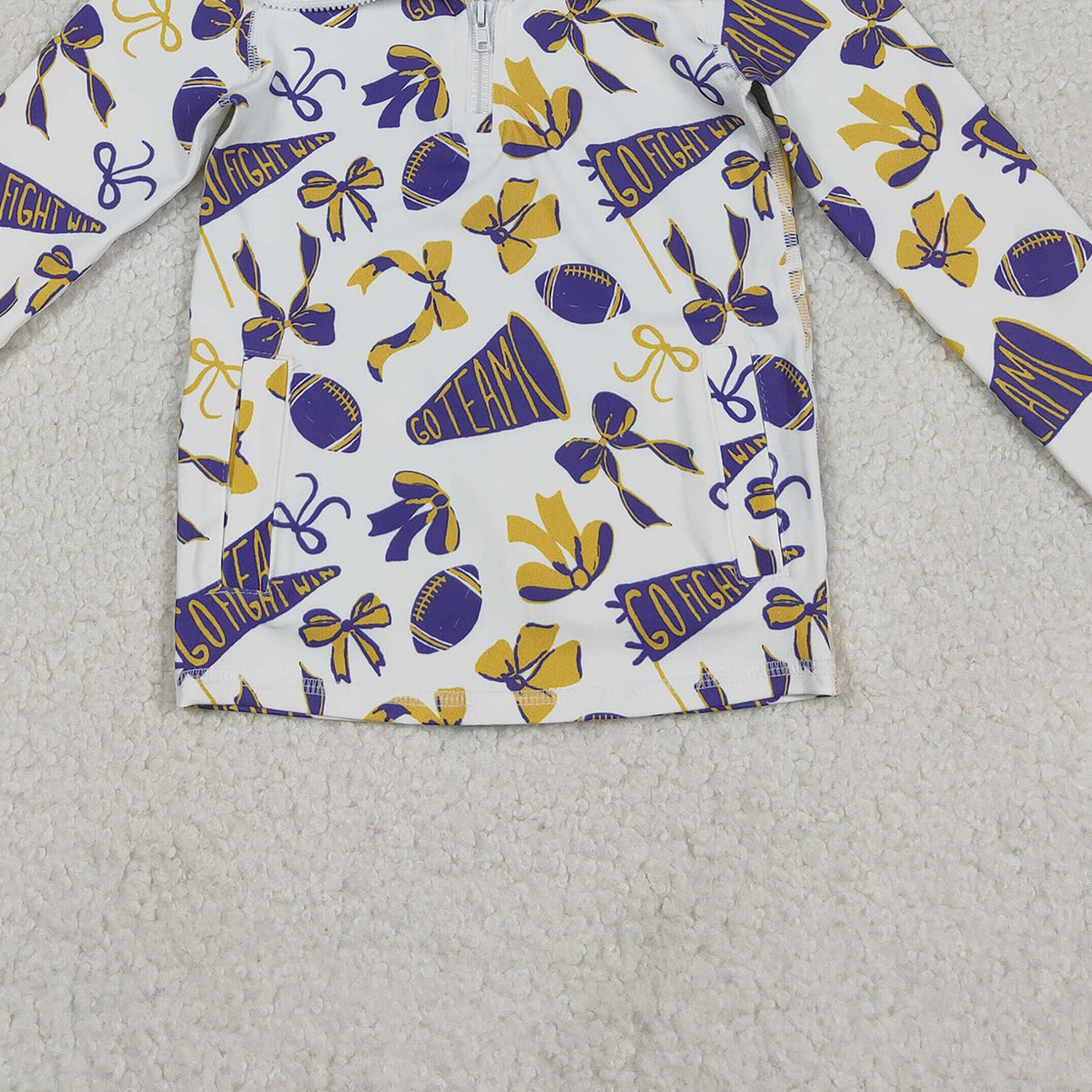11.11 RTS NO MOQ （In stock）GT1226 Baby Girls Purple Yellow Bows Footballs Go Team Yoga Active Zipper Pockets Pullovers Top