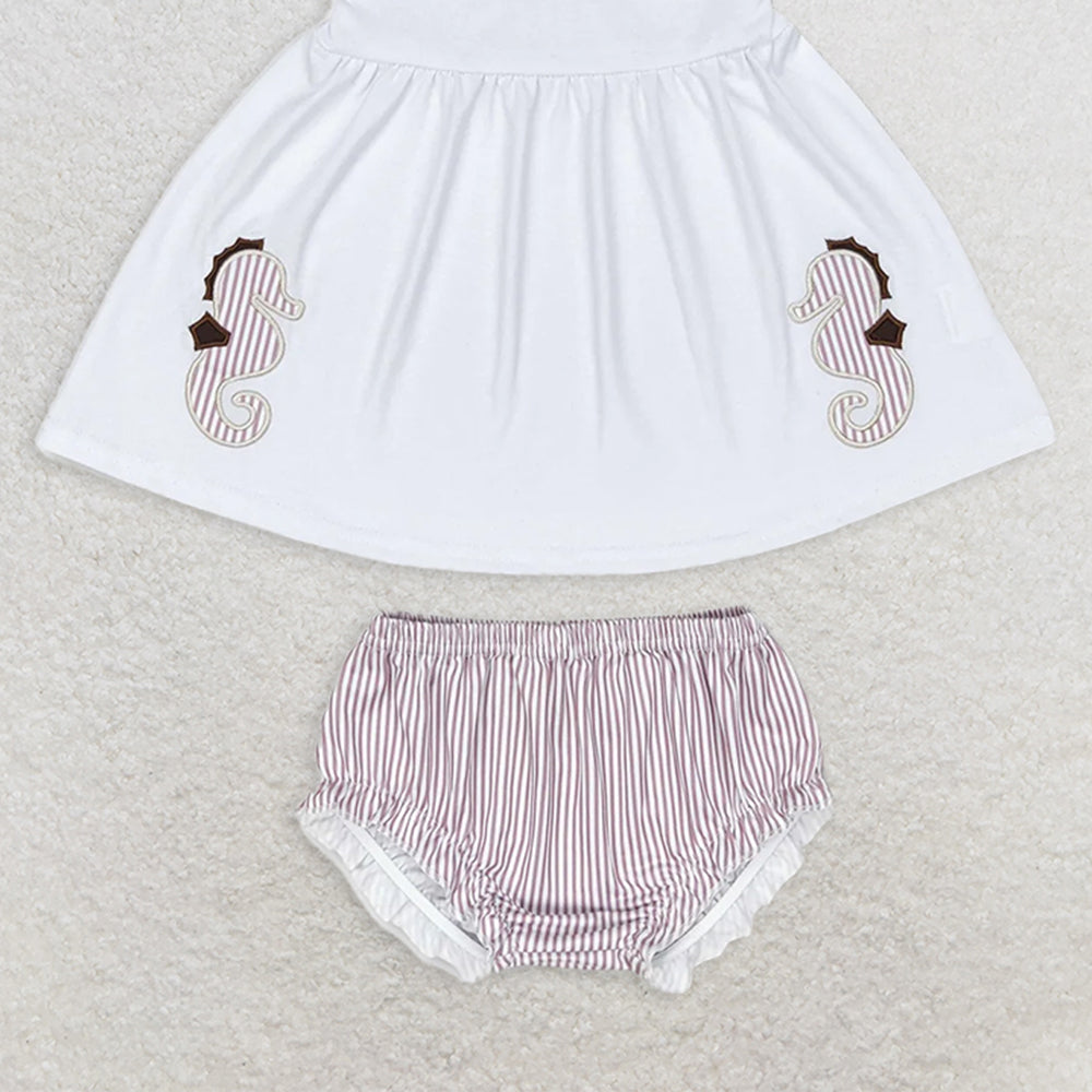 GBO0350 RTS NO MOQ Baby Girls Summer Outfits Baby Girls Sea Horse White Top Bummie Sets
