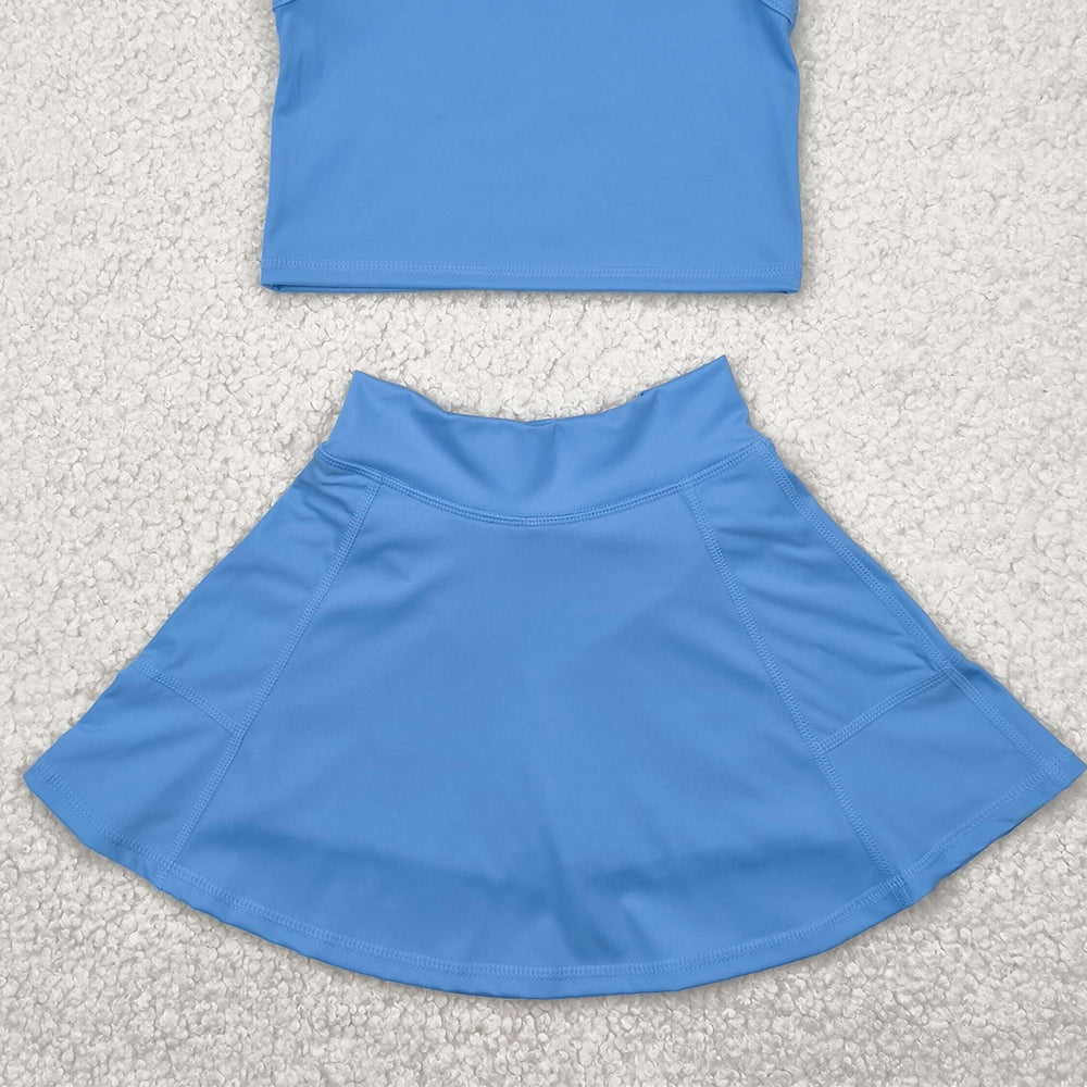 6.04   GSD1985RTS NO MOQ Baby Girls Yoga Outfits  Light blue sleeveless top skirt kids girls active wear set