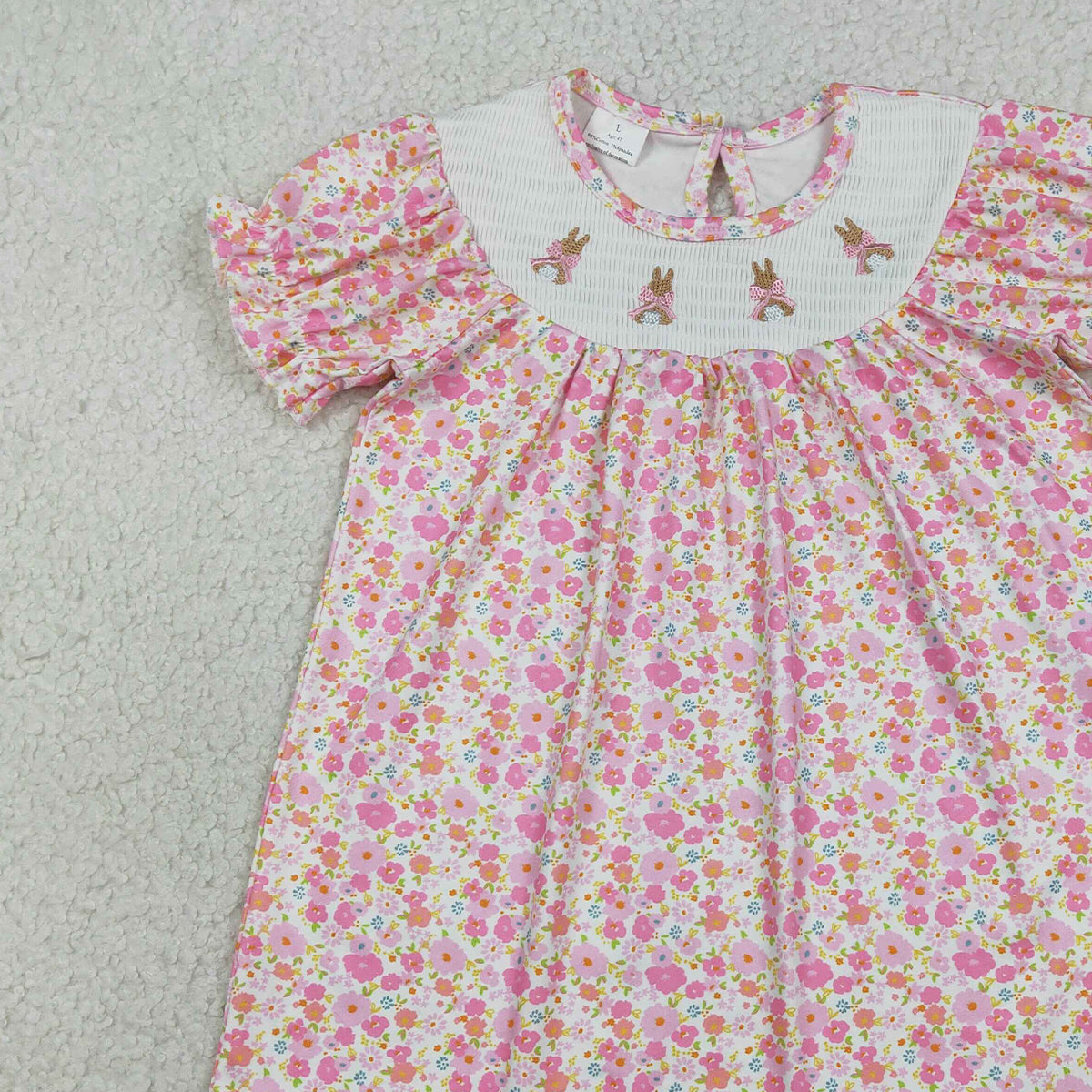 3.28 GSD3406 RTS NO MOQ （In stock）Short sleeves pink floral rabbit smocked girl Easter dress