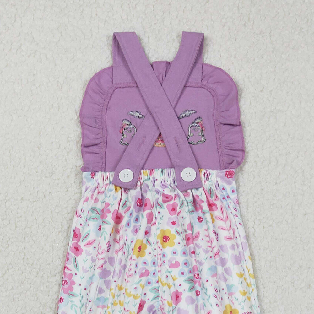 RTS NO MOQ （In stock）SR3177 Baby Girls Summer Jumpsuits Embroidery Baby Girls Lavender Strap Ghost Pumpkins Floral Ruffle Pant Jumpsuits