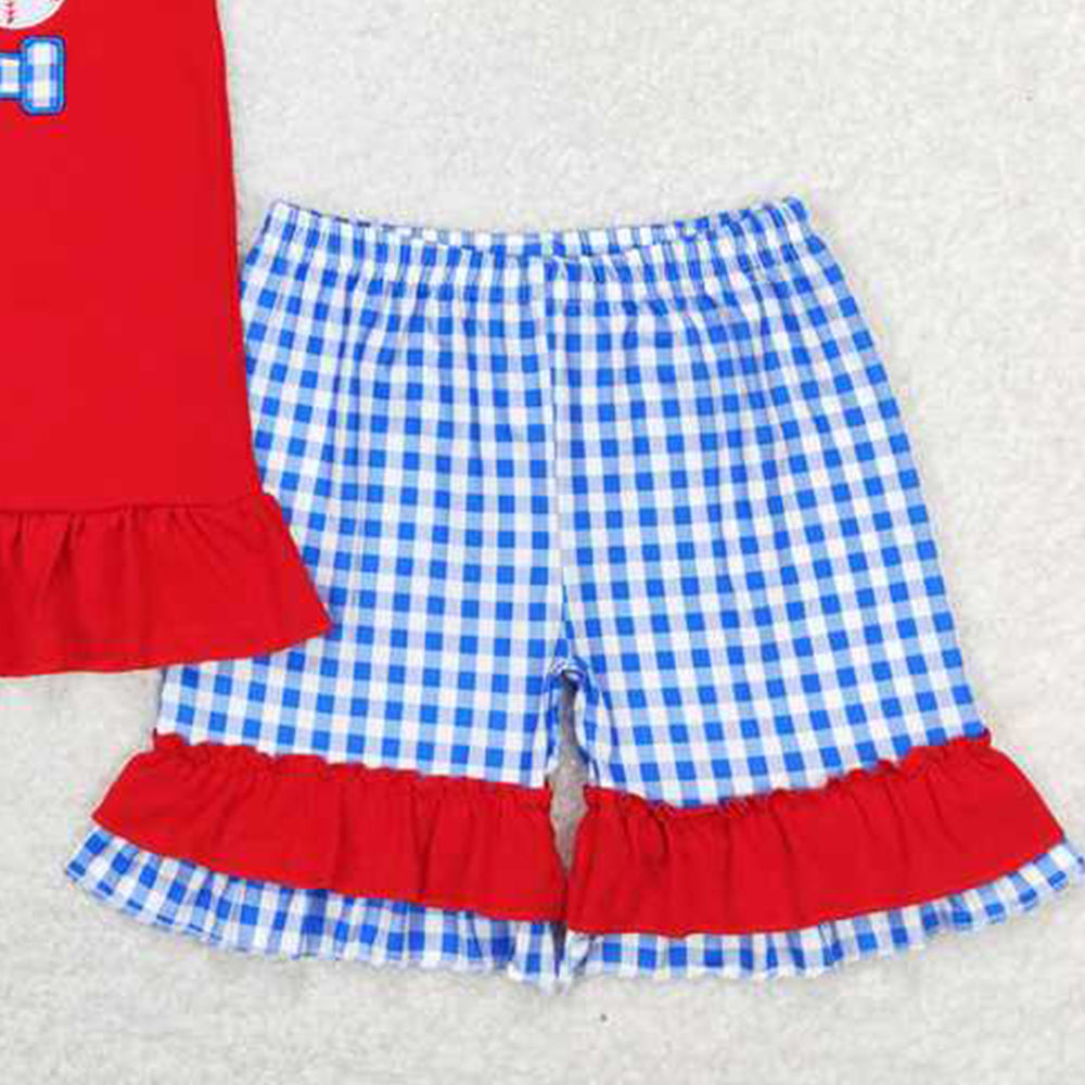 GSSO0428Girls Plaid Shorts Set Short Sleeves Red Baseball Top Outfit for Kids