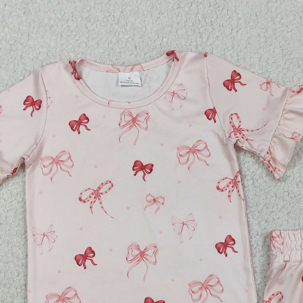 1.27 RTS NO MOQ （In stock）GSSO2996 Baby Girls Pink Bows Top Ruffle Shorts Pajamas Clothes Sets