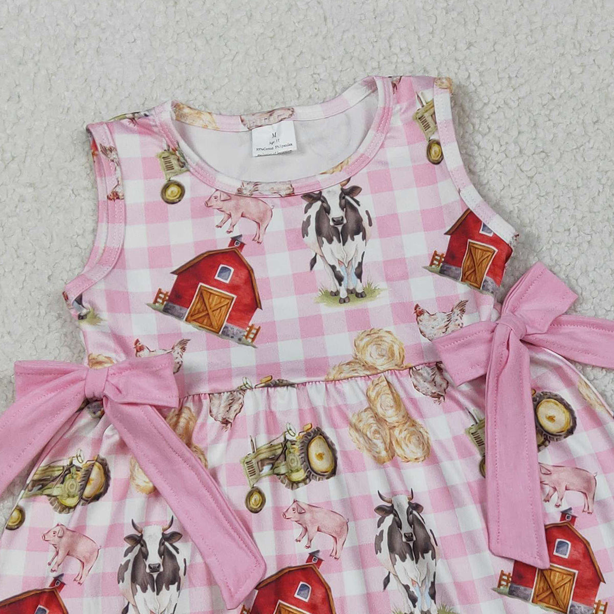 2.4 RTS NO MOQ （In stock）GSSO3100 Baby Girls Sleeveless Pink Checked House Cows Tunic Ruffle Shorts Farm Clothes Sets