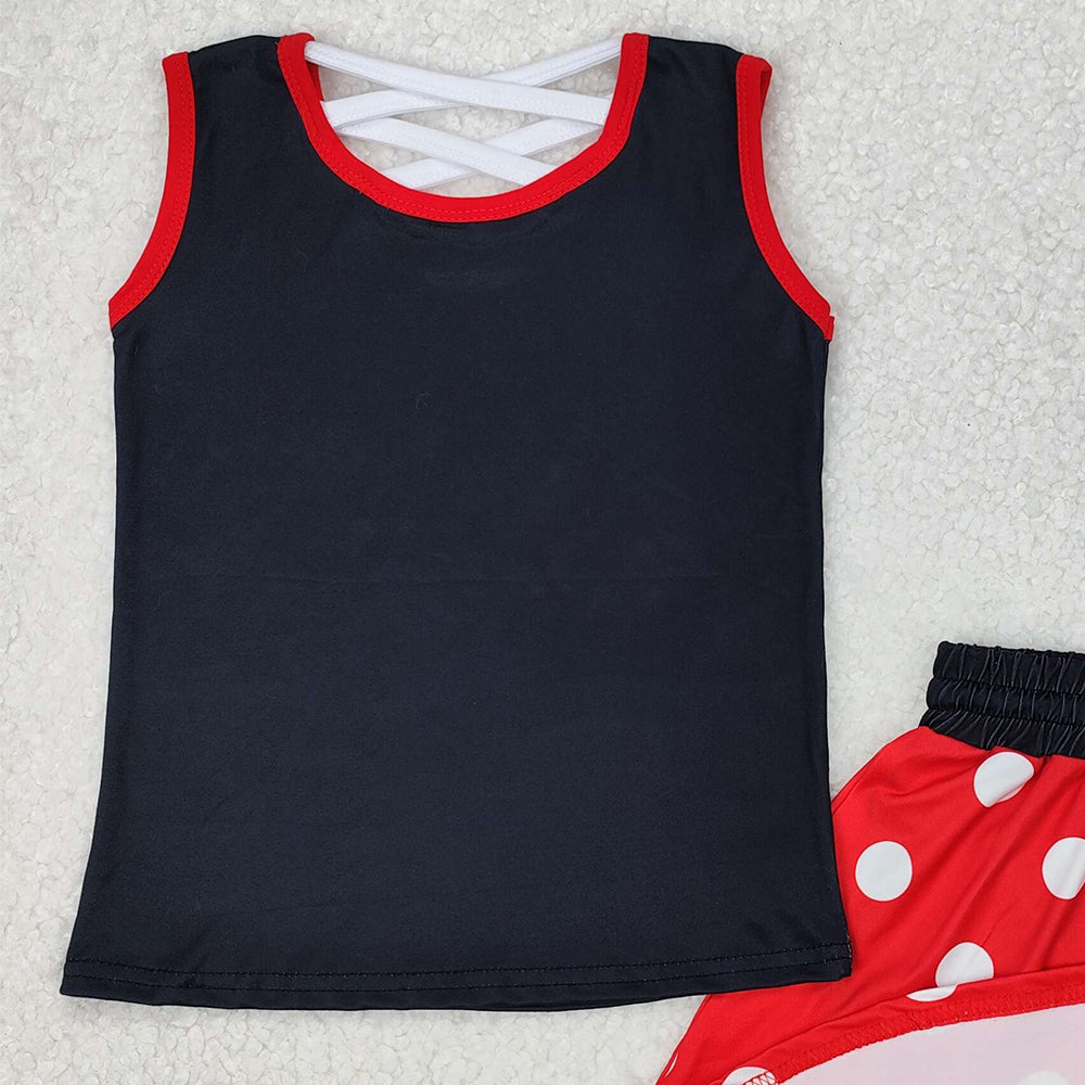 GSD2069RTS NO MOQ Baby Girls Skirt Sets Girls Black Polka Dot Sleeveless Bow Top Skirt Set Cute Casual Outfit for Kids
