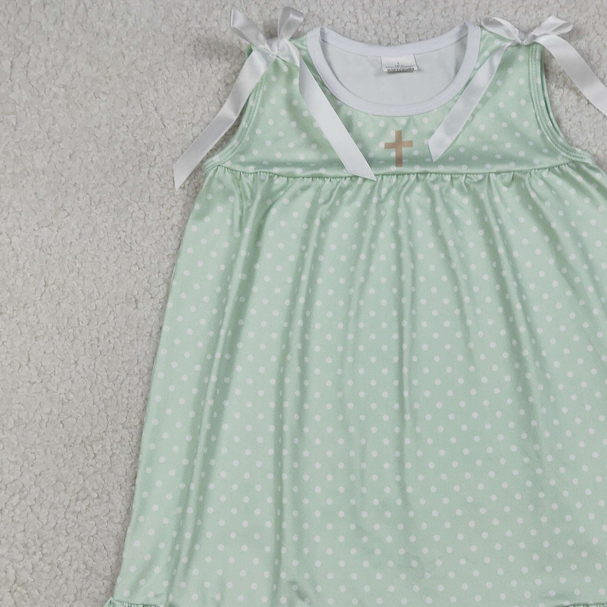 3.21 RTS NO MOQ （In stock）GSD2860 Kids Fashion Clothes Baby Girls Sleeveless Green Polka Dots Cross Easter Ruffle Knee Length Dresses