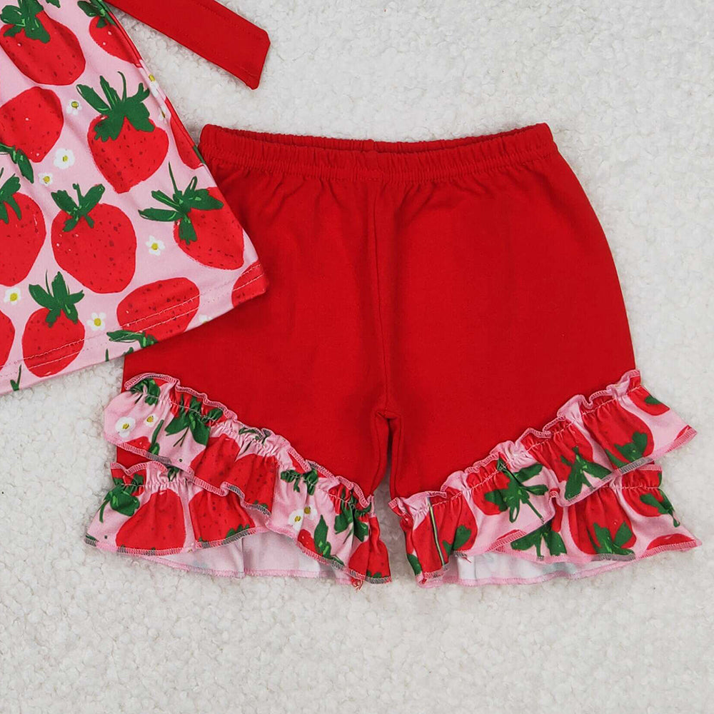 GSSO2023 RTS NO MOQ Flutter sleeves strawberry tunic red shorts girls clothes