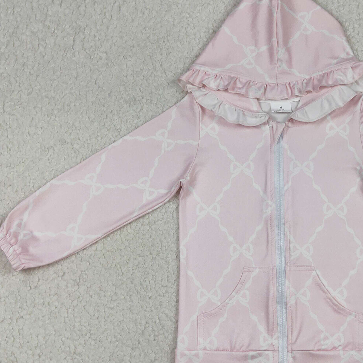 12.24 RTS NO MOQ （In stock）GT1246 Baby Girls Pink Bows Checked Pocket Zip Ruffle Hoodies Jackets Top