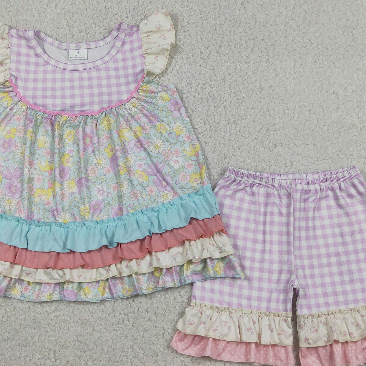 GSSO3485 RTS NO MOQ （In stock ）Flutter sleeves floral ruffle tunic plaid shorts girls outfits