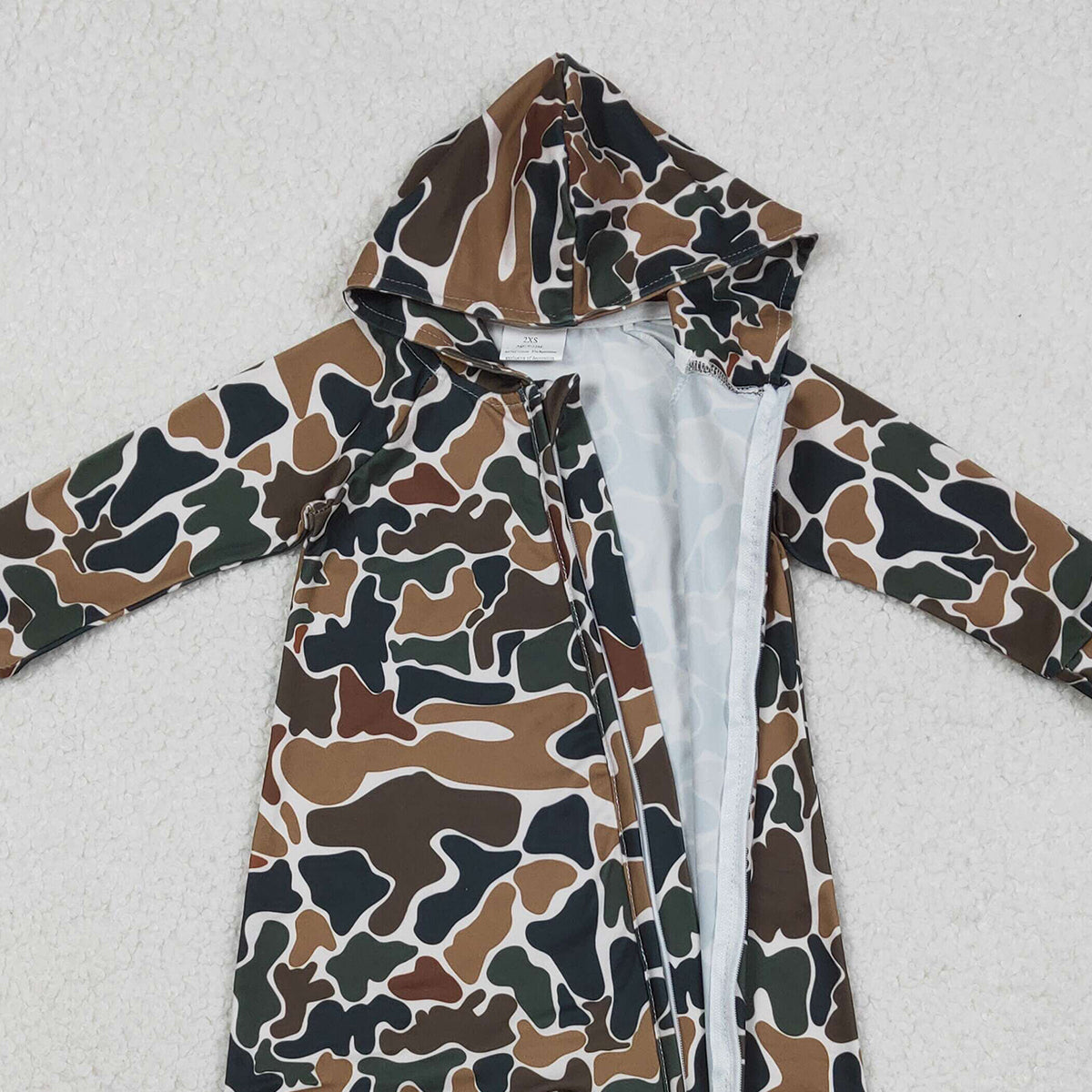 12.9 RTS NO MOQ （In stock）LR2815 Baby Boys Southern Dark Brown Camo Hoodie Two Way Zip Convertible Rompers