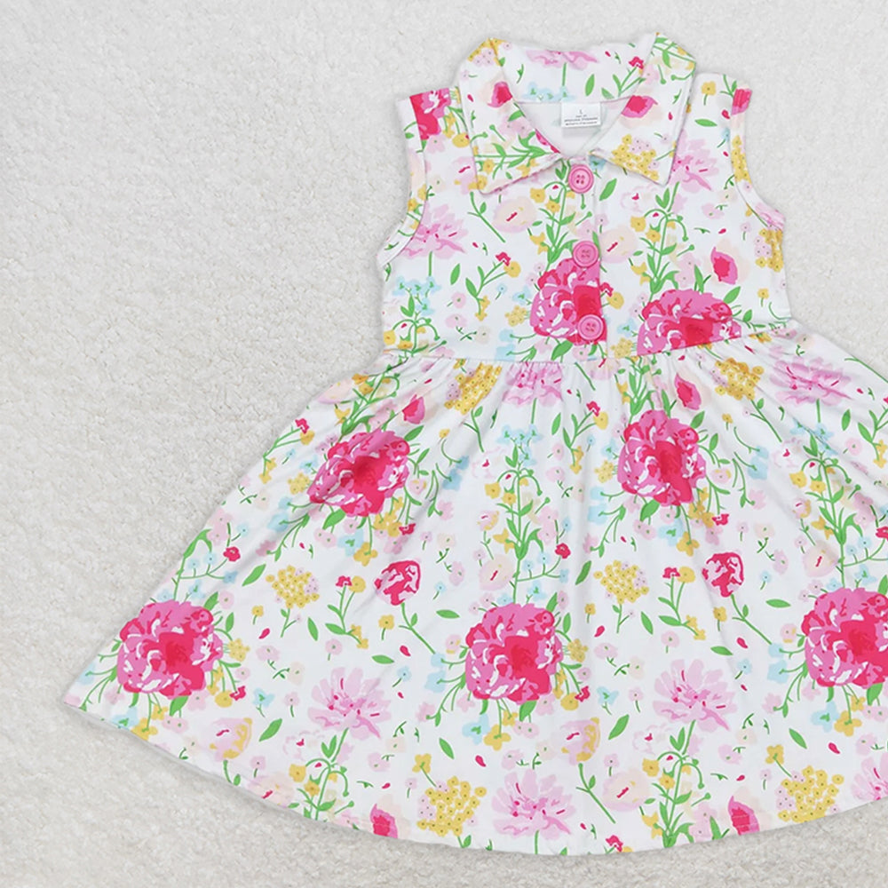 GSD0546 RTS NO MOQ Baby Girls Summer Dress  Baby Girls Pink Flowers Sleeveless Spring Knee Length Dresses