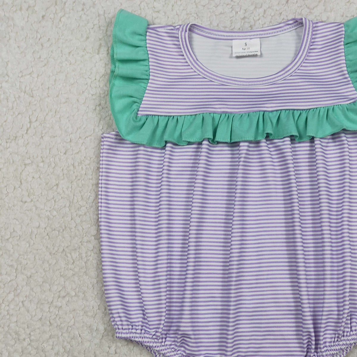 3.30 RTS NO MOQ （In stock）SR3942 Ruffle lavender stripe baby girls summer romper
