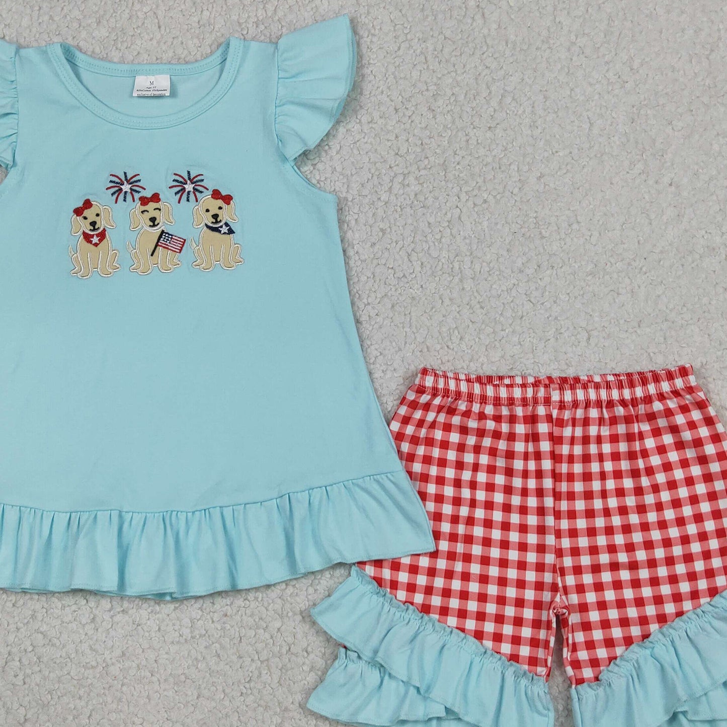 GSSO3356 RTS NO MOQ （In stock）Flutter sleeves dog flag embroidery girls 4th of july set
