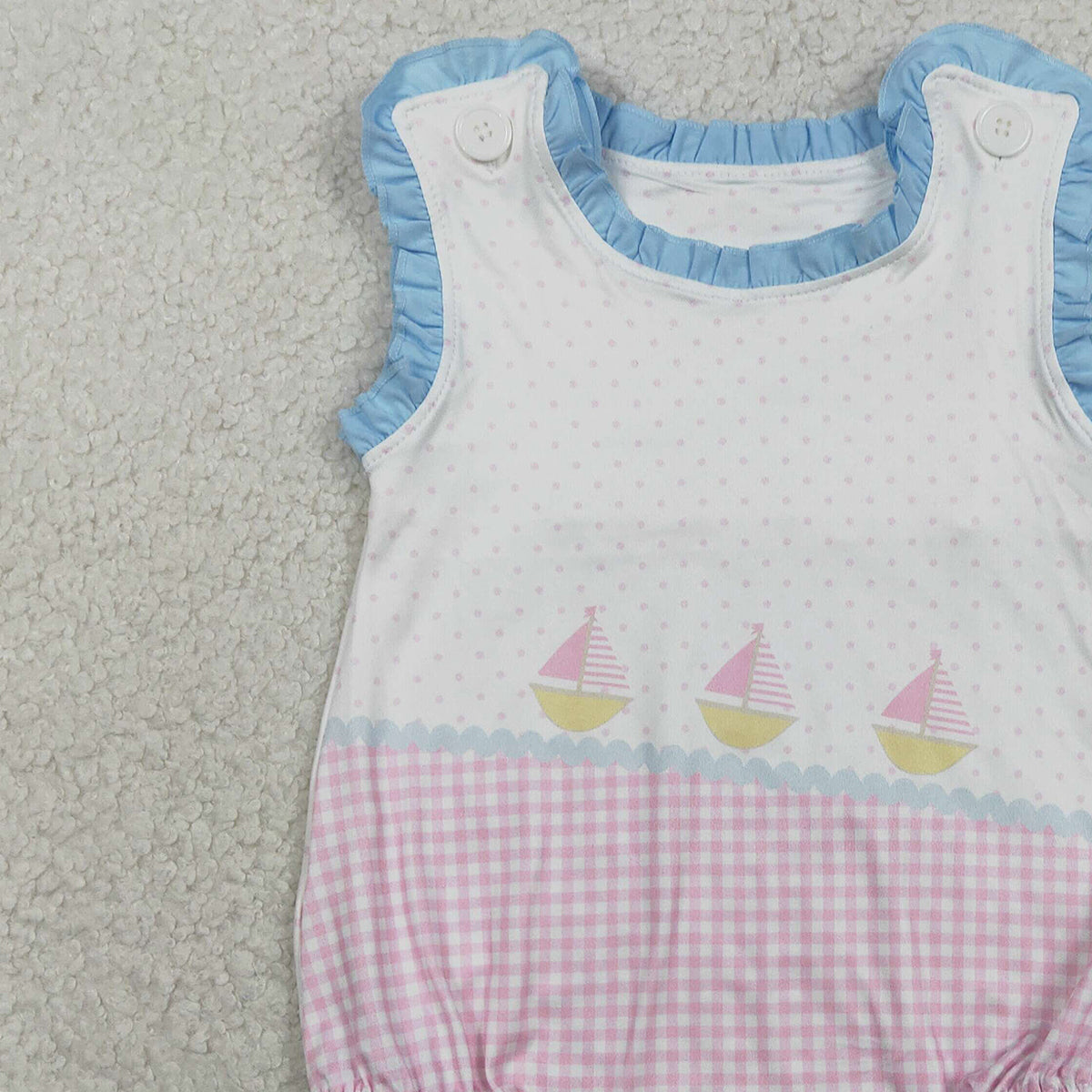 2.2 RTS NO MOQ （In stock）SR3755 Baby Boys Sleeveless Boats Polka Dots Ruffle Rompers