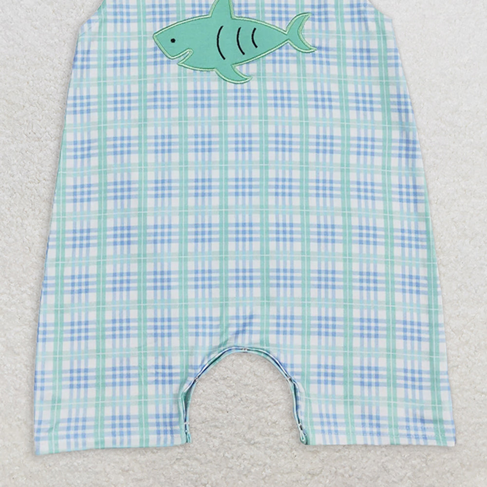 SR0651 RTS NO MOQ Baby Boys Summer Rompers Baby Infant Boys Toddler Shark Blue Checkered Short Sleeve Rompers