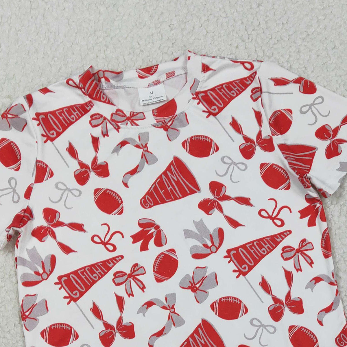 1.23 RTS NO MOQ （In stock）GSSO2727 Baby Girls Red Grey Bow Footballs Top Shorts Go Team Pajamas Clothes Set