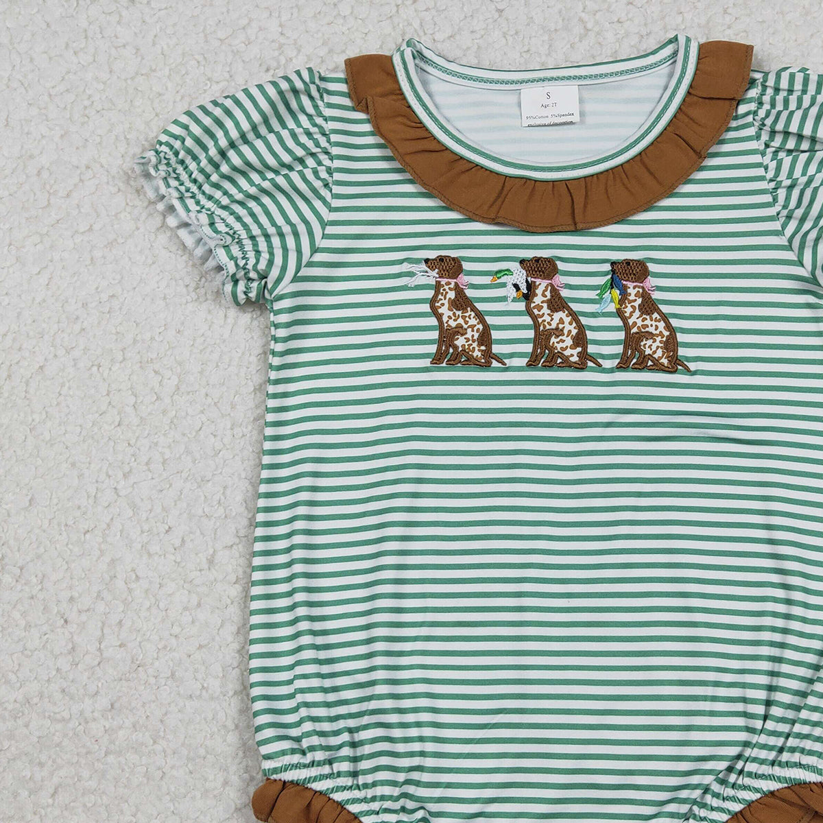 12.22 RTS NO MOQ （In stock）SR3404 Embroidery Ducks Dogs Baby Girls Stripe Collar Hunting Ruffle Rompers