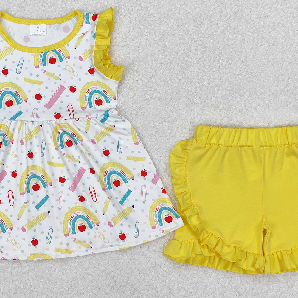 GSSO1913Girls Rainbow Pencil Skirt Outfit Yellow Apple Design Back to School Ensemble for Kids