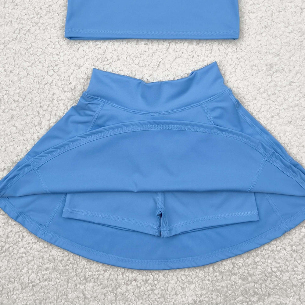 6.04   GSD1985RTS NO MOQ Baby Girls Yoga Outfits  Light blue sleeveless top skirt kids girls active wear set