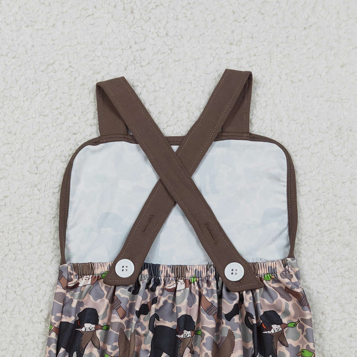 3.3 RTS NO MOQ （In stock）SR3928 Children's Fashion Romper Baby Boys Strap Dog Ducks Camo Hunting Rompers