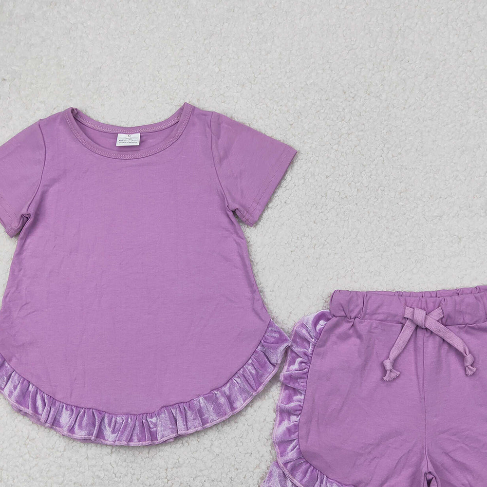 5.17  GSSO2184 RTS NO MOQ Baby Girls Summer Outfits Baby Girls Purple Short Sleeves Tunic Ruffle Short Set