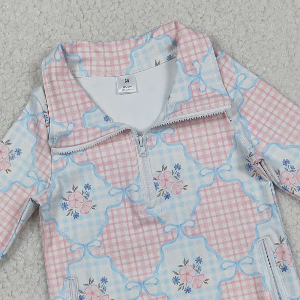 RTS NO MOQ （In stock）GT1062 Baby Girls Long Sleeve Tops Pink Flowers Plaid Pockets Zipper Yoga Active Pullovers Top