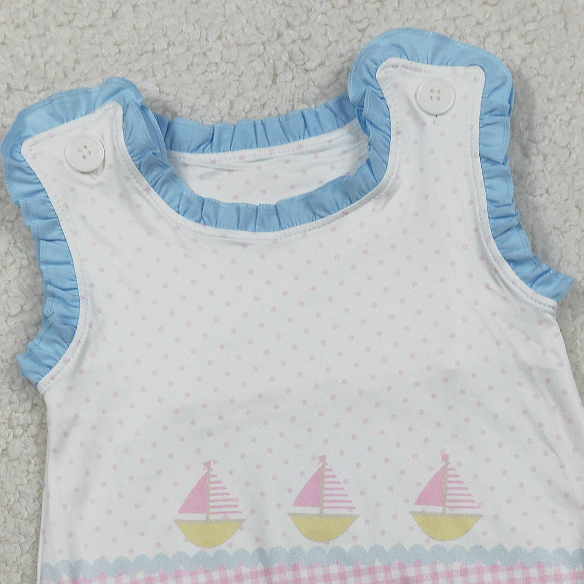 2.2 RTS NO MOQ （In stock）SR3755 Baby Boys Sleeveless Boats Polka Dots Ruffle Rompers