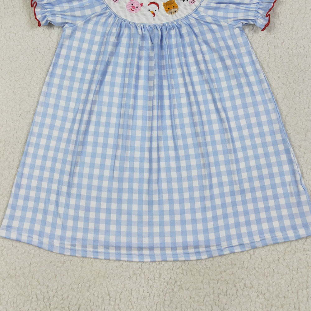GSD2275 RTS NO MOQ Baby Girls Summer Dress Cow pig chicken blue plaid short sleeves girls dresses