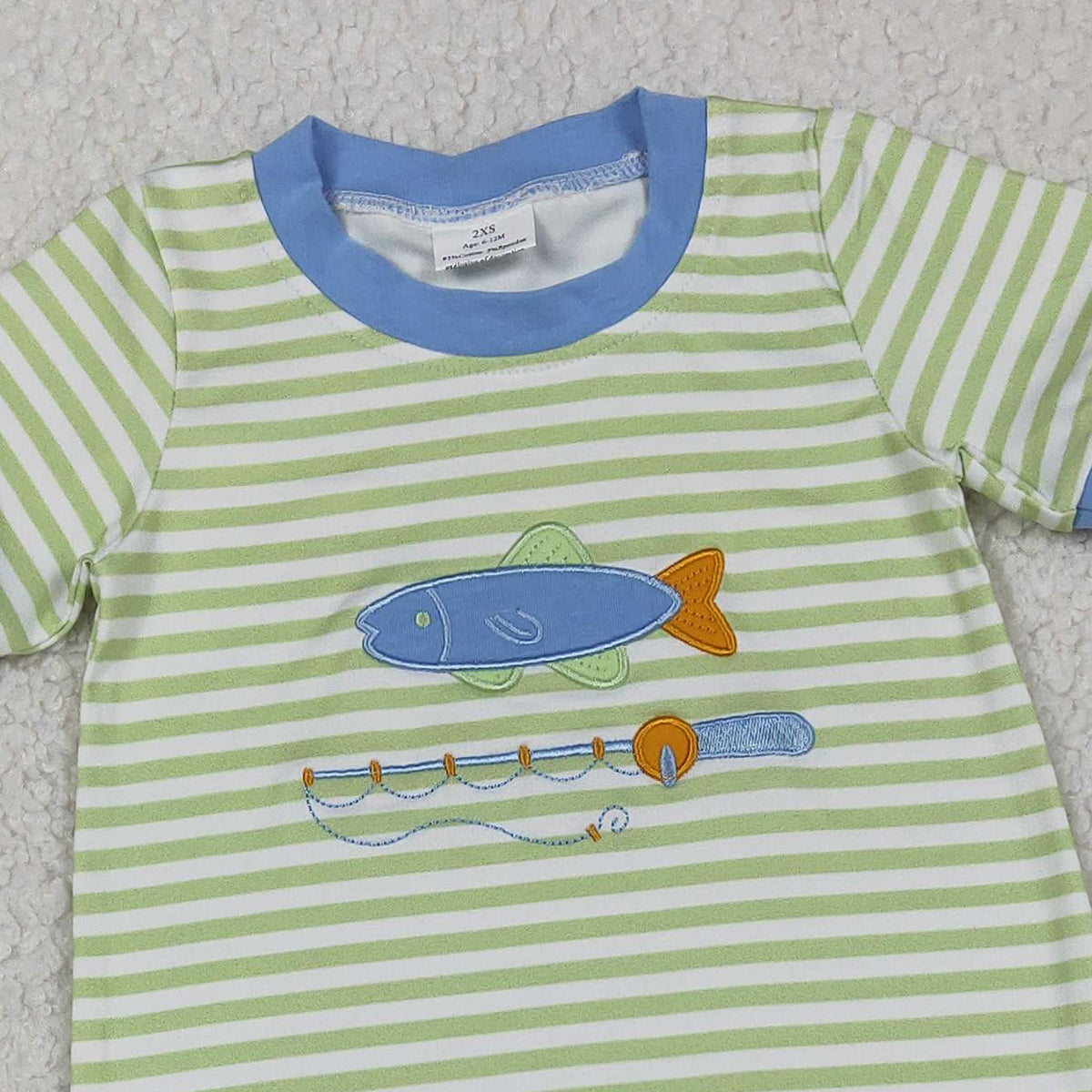 12.6 RTS NO MOQ （In stock）SR3329 Baby Boys Rompers Embroidery Fishing Baby Boys Stripe Hunting Footie Rompers