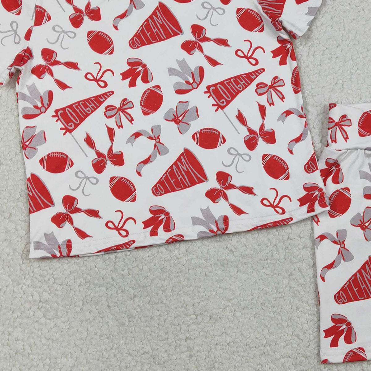 1.23 RTS NO MOQ （In stock）GSSO2727 Baby Girls Red Grey Bow Footballs Top Shorts Go Team Pajamas Clothes Set
