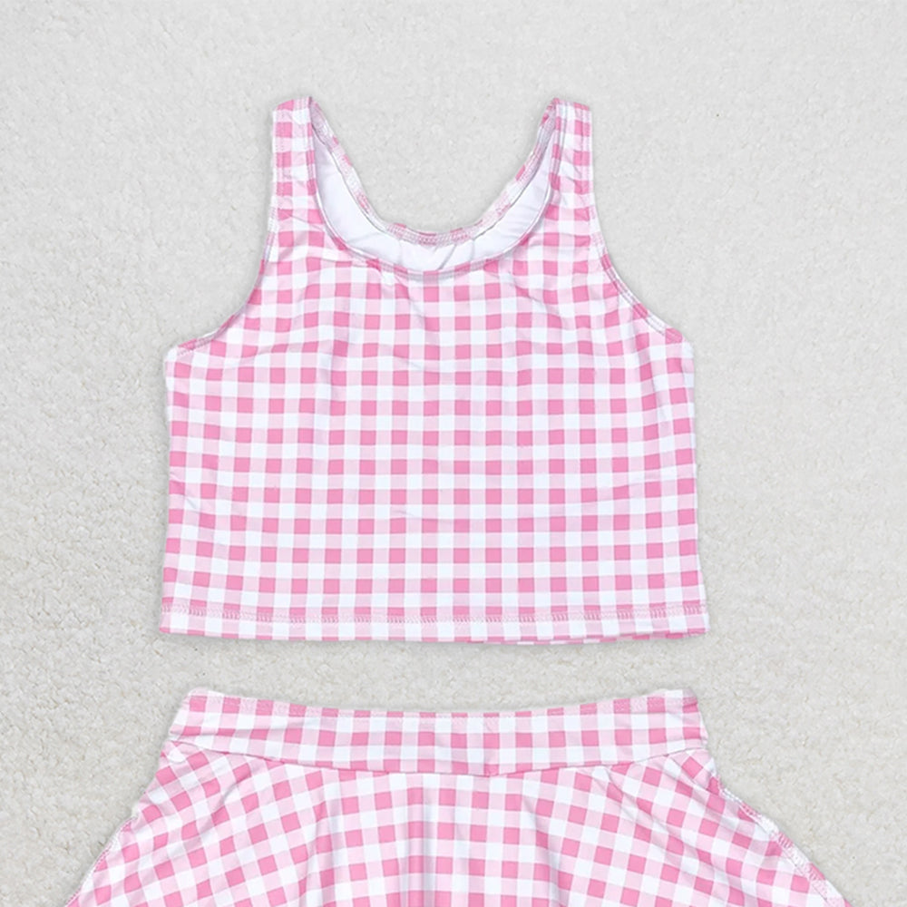 GSD0992 RTS NO MOQ Baby Girls Yoga Outfits  Baby Girls Summer Pink Checkered Top Skirts Clothes Sets Preorder