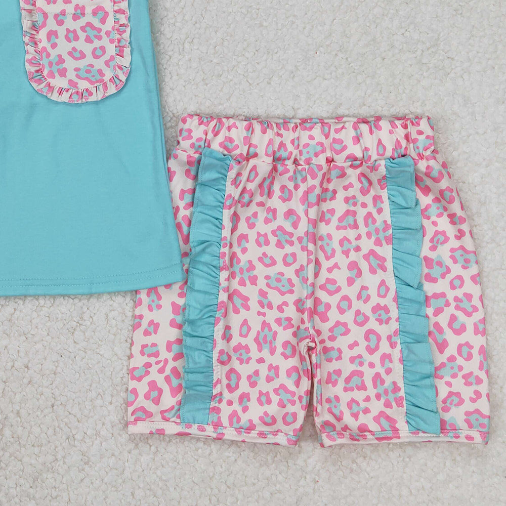 4.25 GSSO1784  RTS NO MOQ Leopard pocket sleeveless mint top ruffle shorts girls clothes