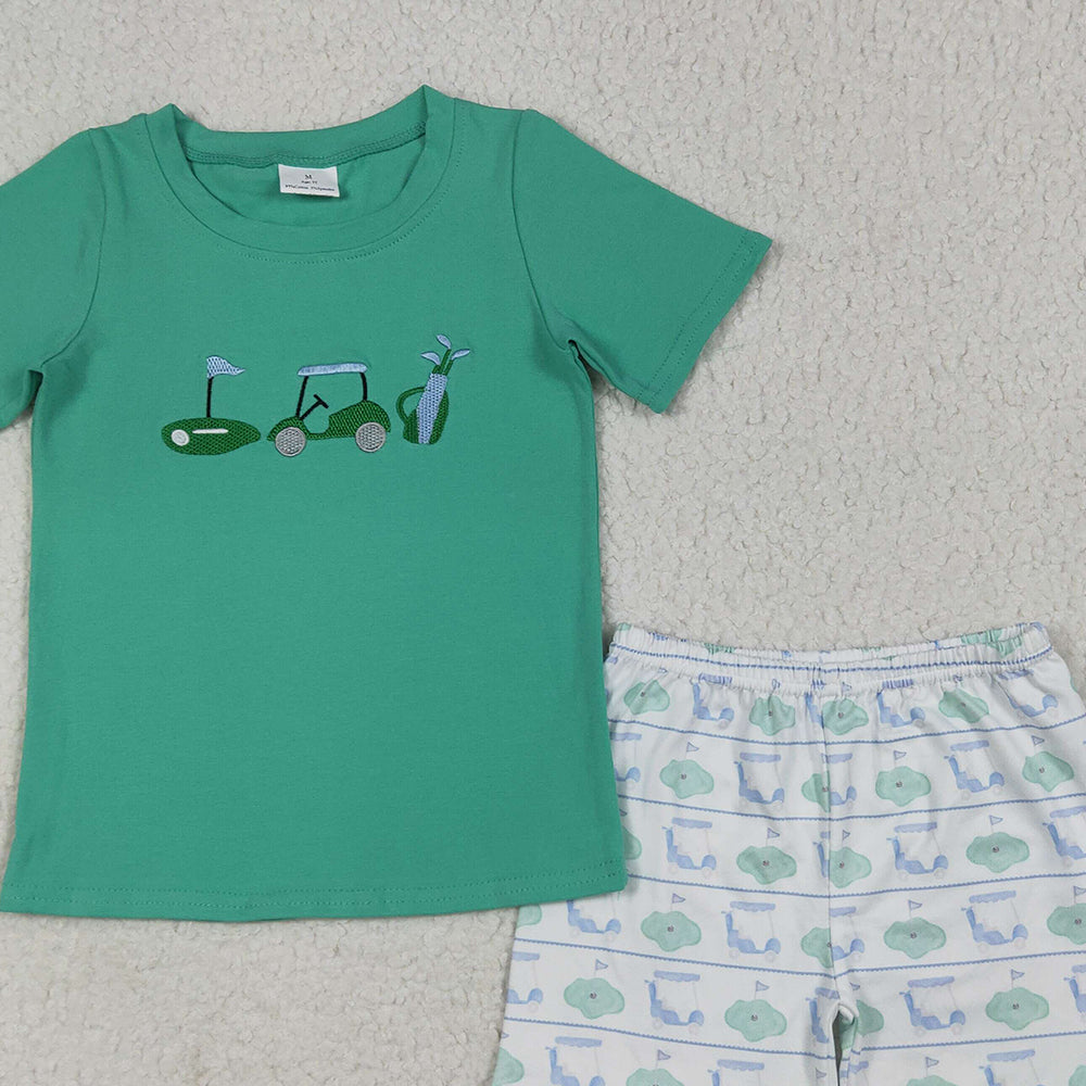 8.14 RTS NO MOQ （In stock） BSSO1540 Baby Boys Summer Boys Outfits Embroidery Baby Boys Green Short Sleeves Golf Truck Top Short Set