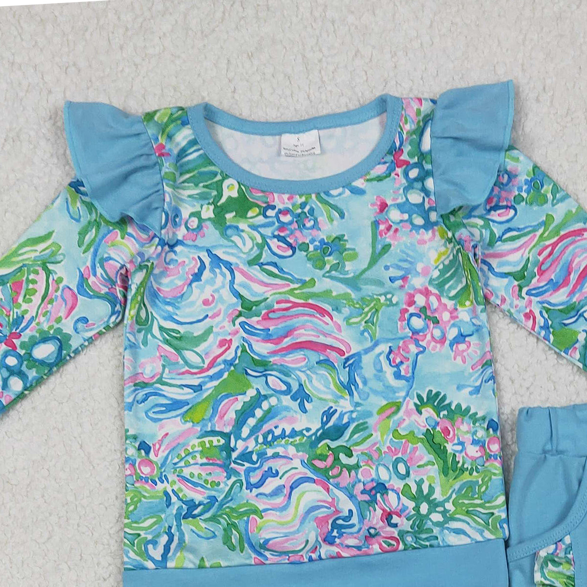 12.4 RTS NO MOQ （In stock）GLP2832 Baby Girls Blue Watercolor Floral Top Pockets Ruffle Jogger Pants Clothes Sets