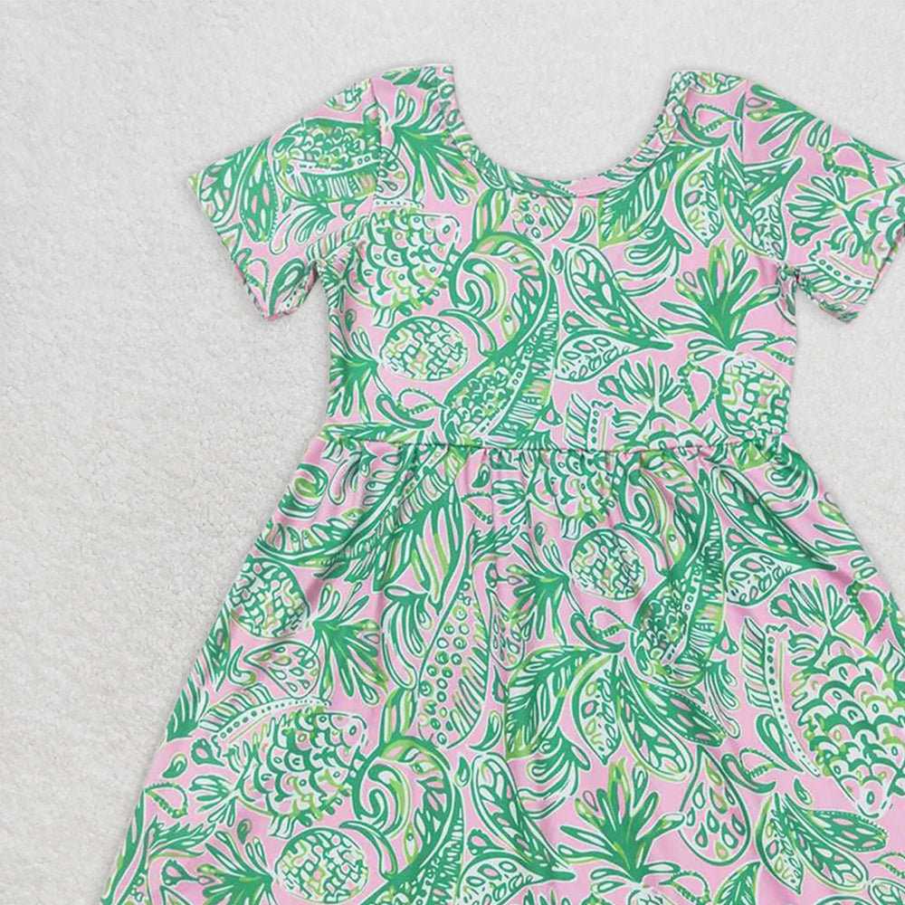 GSD1113  RTS NO MOQ Baby Girls Summer Dress Seaweed pattern pastel green short-sleeved dress