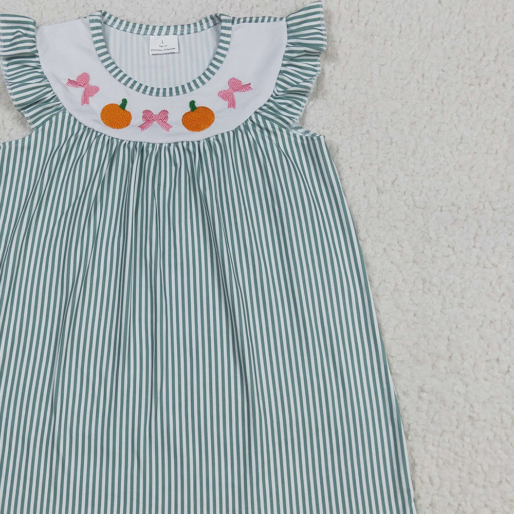 8.27 RTS NO MOQ （In stock）GSD2746 Baby Girls Summer Dress Embroidery Baby Girls Green Stripe Bows Pumpkins Fall Knee Length Dresses
