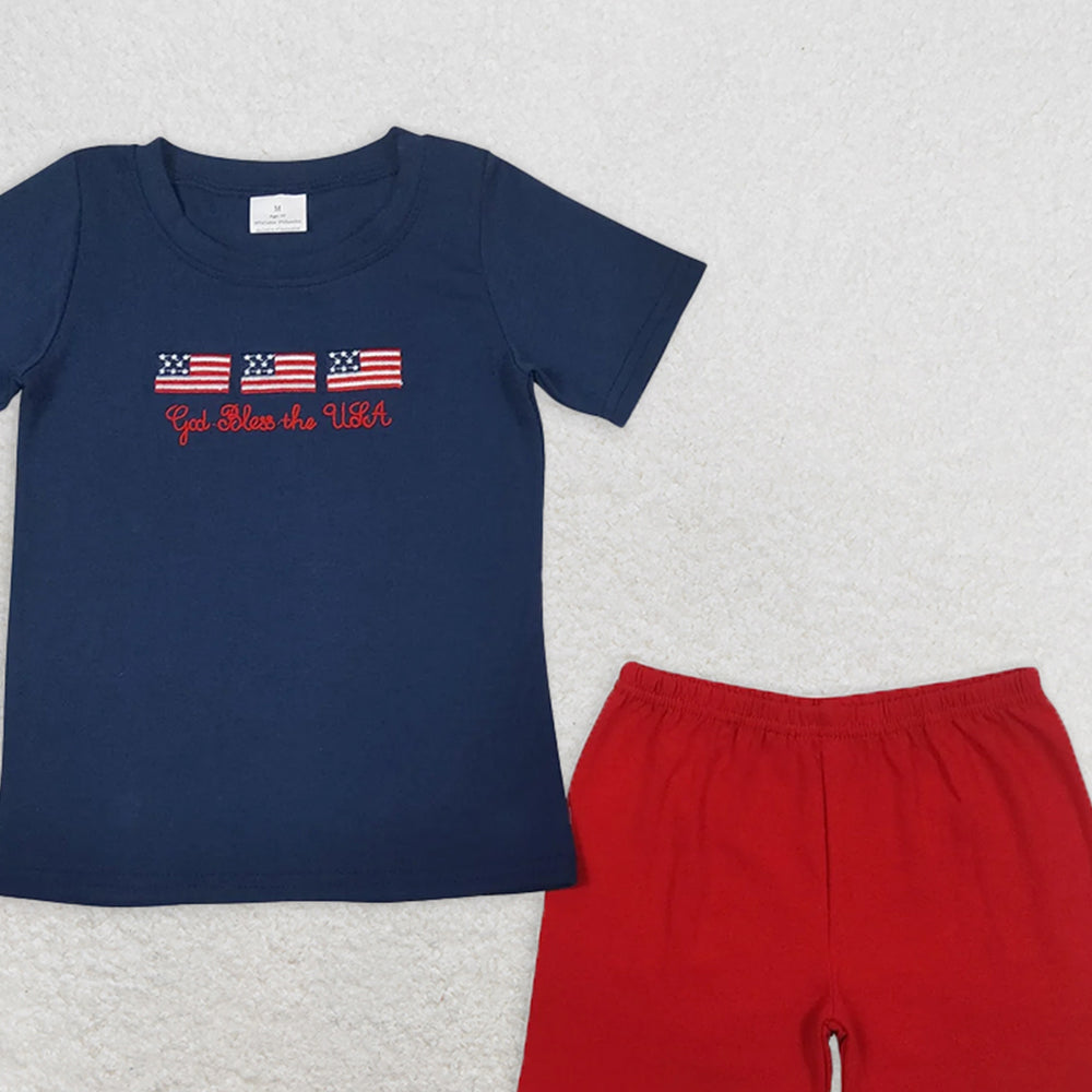 BSSO0713 RTS NO MOQ Baby Boys Summer Boys Outfits Embroidery Baby Boys 4th Of July Flags Shirt Top Red Shorts Outfits Clothes Sets