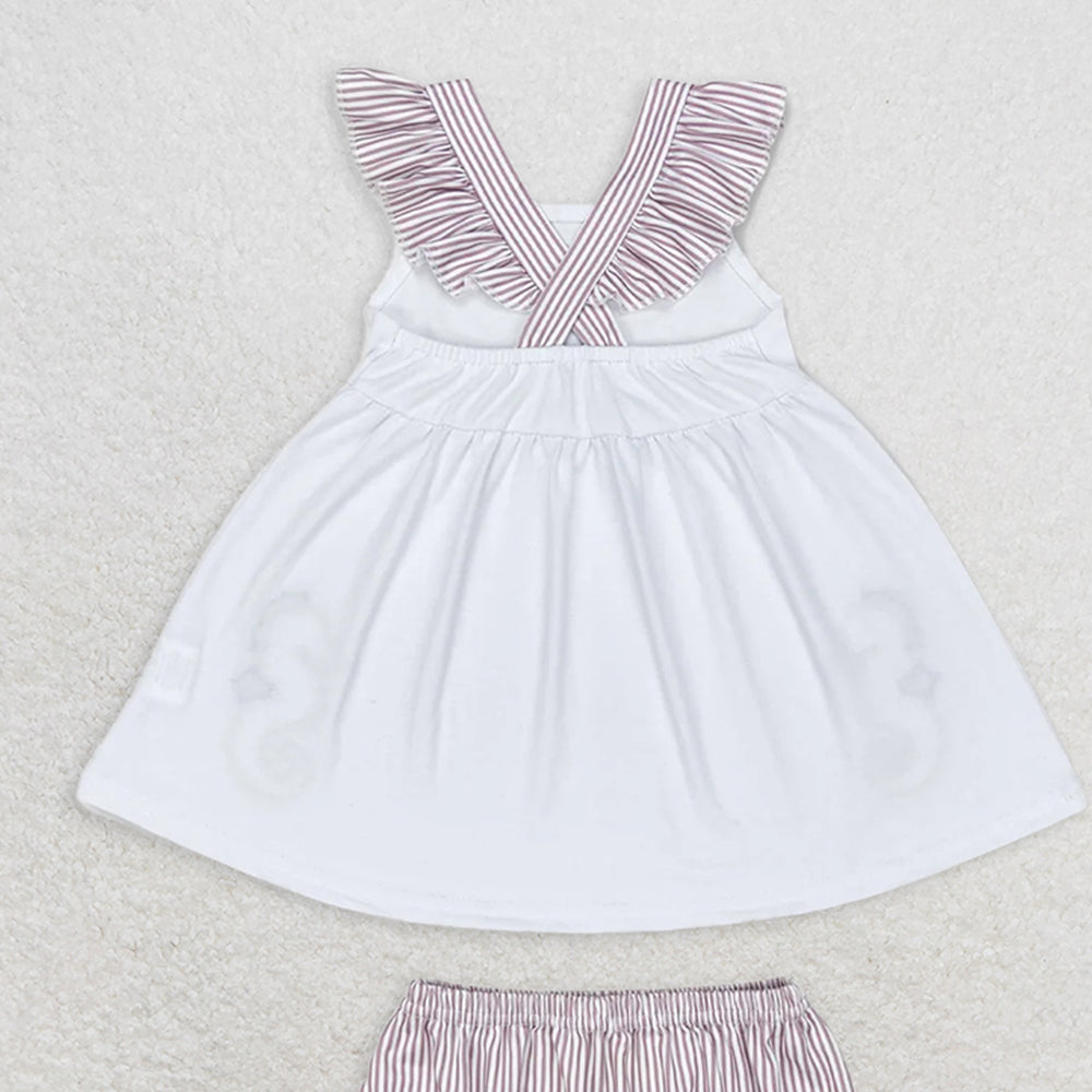 GBO0350 RTS NO MOQ Baby Girls Summer Outfits Baby Girls Sea Horse White Top Bummie Sets