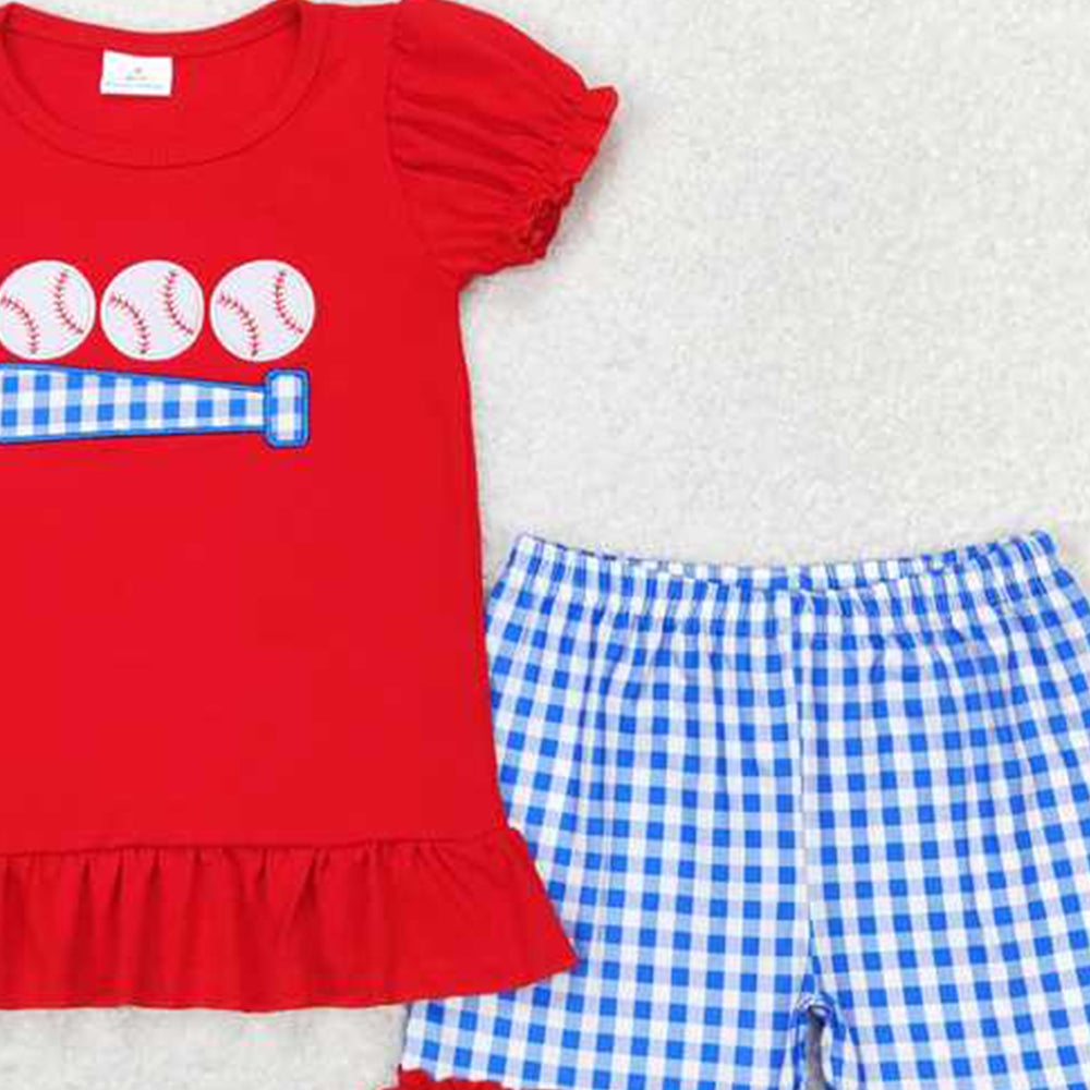 GSSO0428Girls Plaid Shorts Set Short Sleeves Red Baseball Top Outfit for Kids