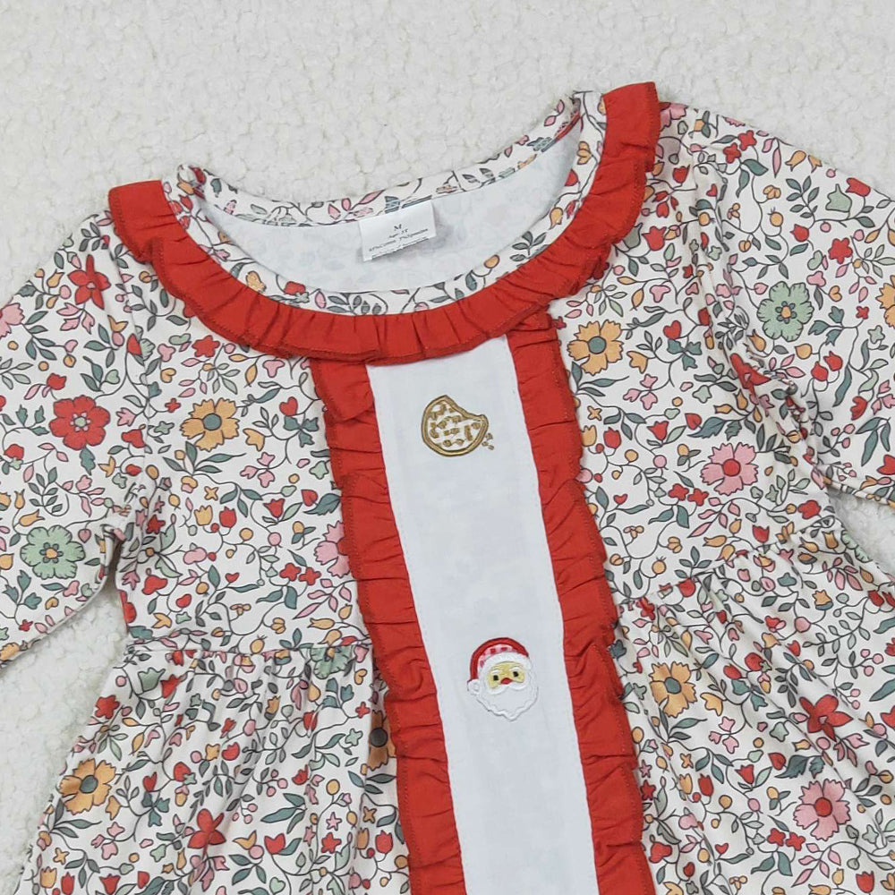 RTS NO MOQ （In stock）GLD1062 Baby Girls Winter Dress Floral Cookie Santa Girls Long Sleeve Christmas Dress Festive Holiday